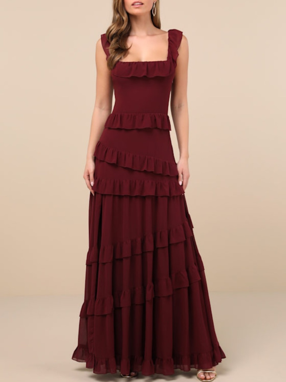 Lulus Compelling Romantic Burgundy Ruffled Tiered Maxi Dress - Size M